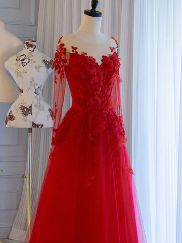 Pretty Tulle Long Prom Dress With Applique,Red Party Dress Formal Evening Dress HZ1023